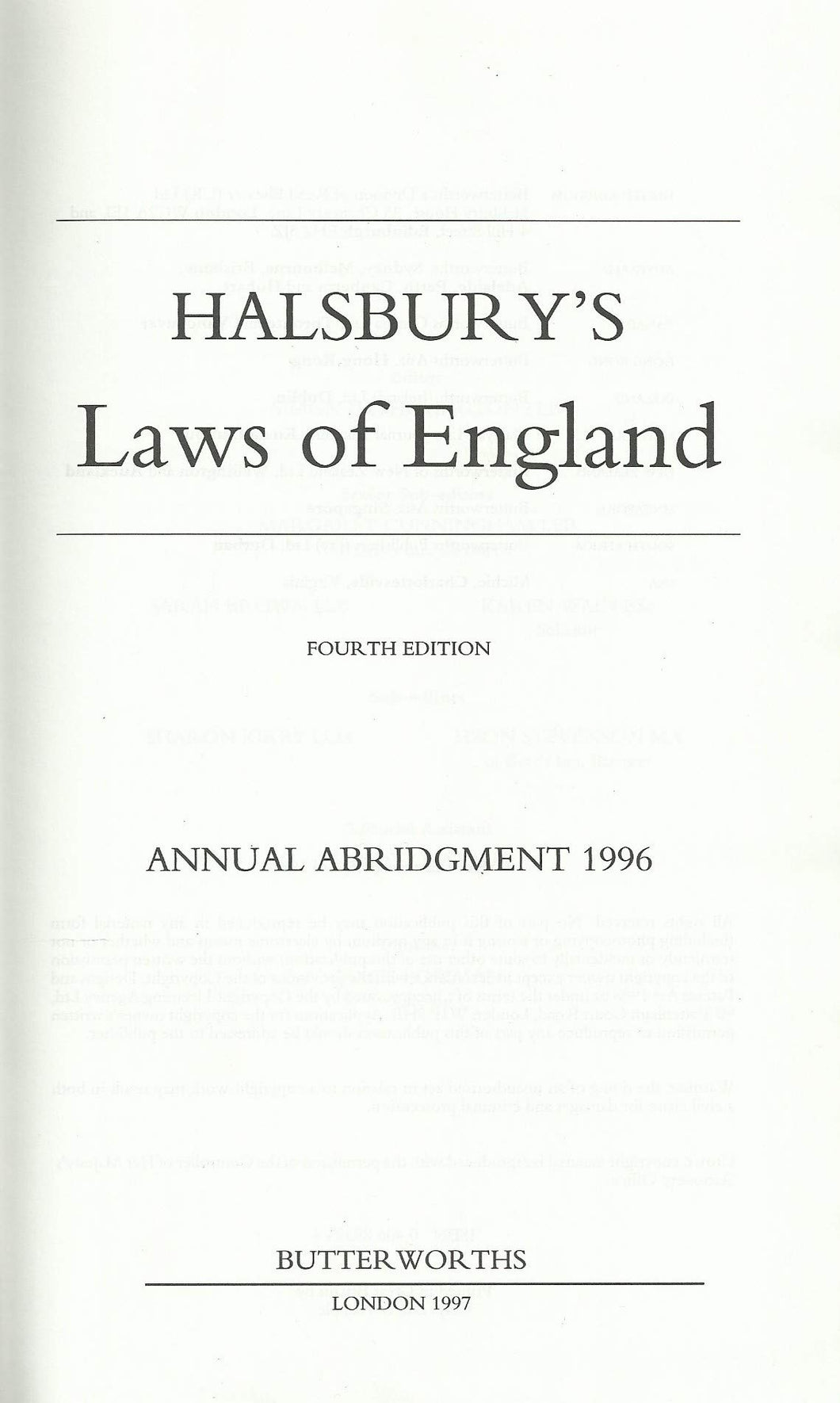 Halsbury's Laws of England 1996 Annual Abridgement