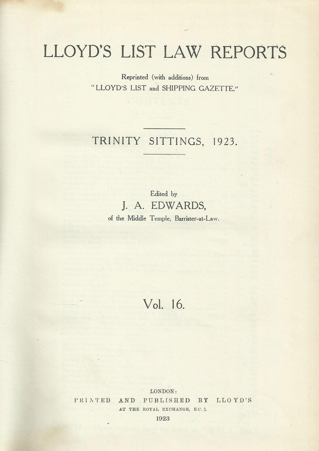Lloyd's List Law Reports - Volume 16, Trinity Sittings, 1923