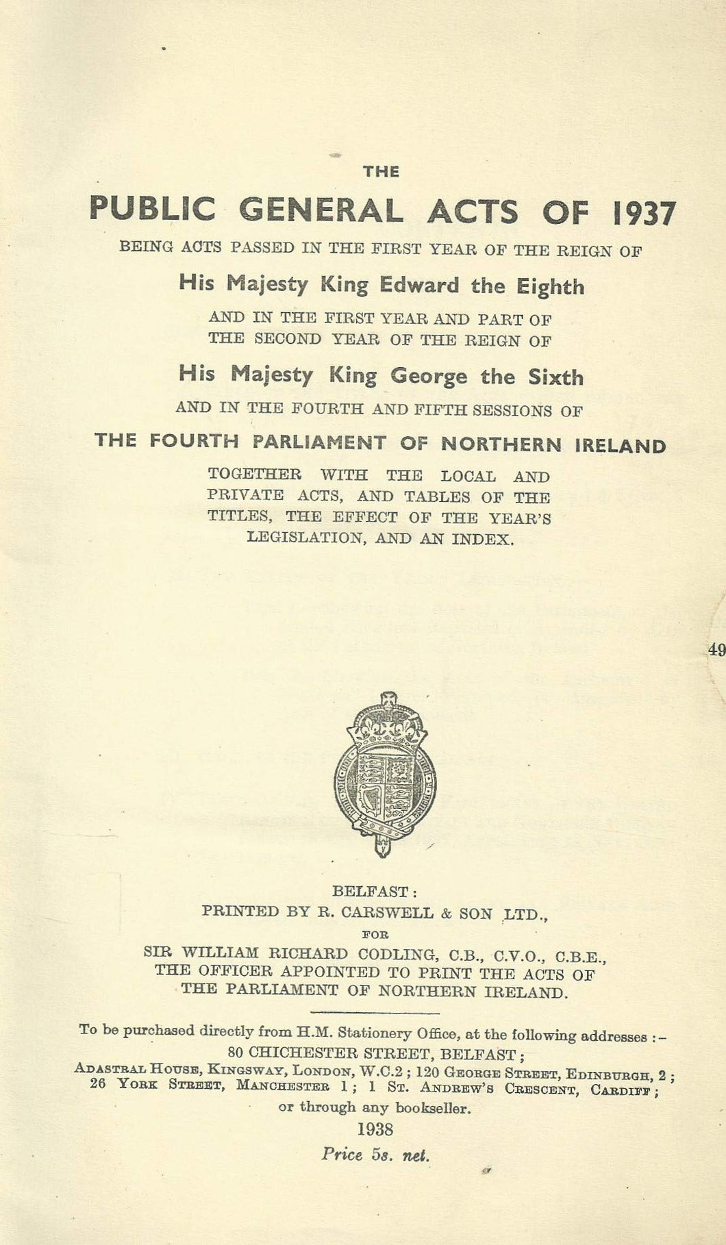 Northern Ireland - The Public General Acts of 1937