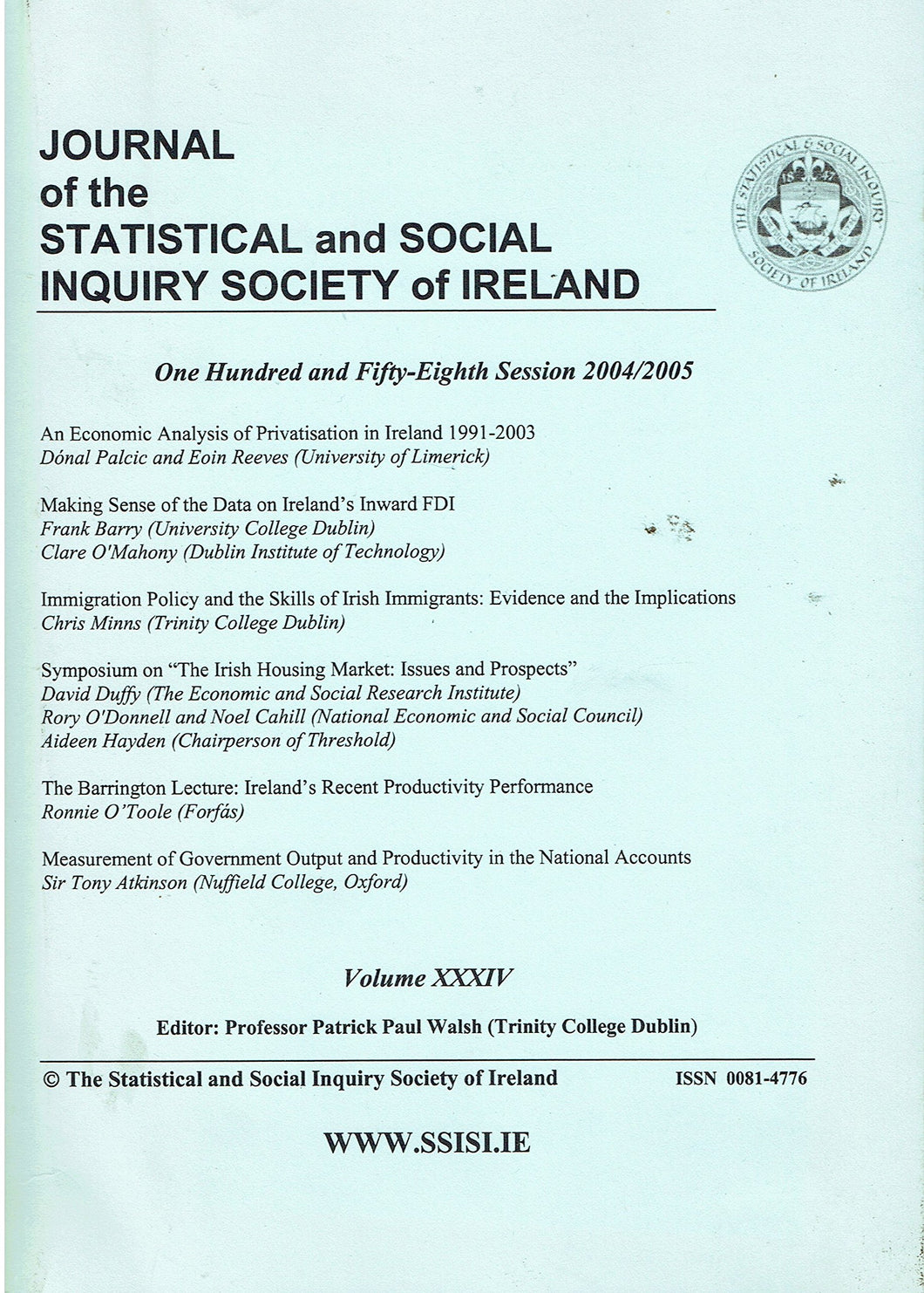 Journal of the Statistical and Social Inquiry Society of Ireland - Volume XXXIV (34), 158th Session 2004/2005